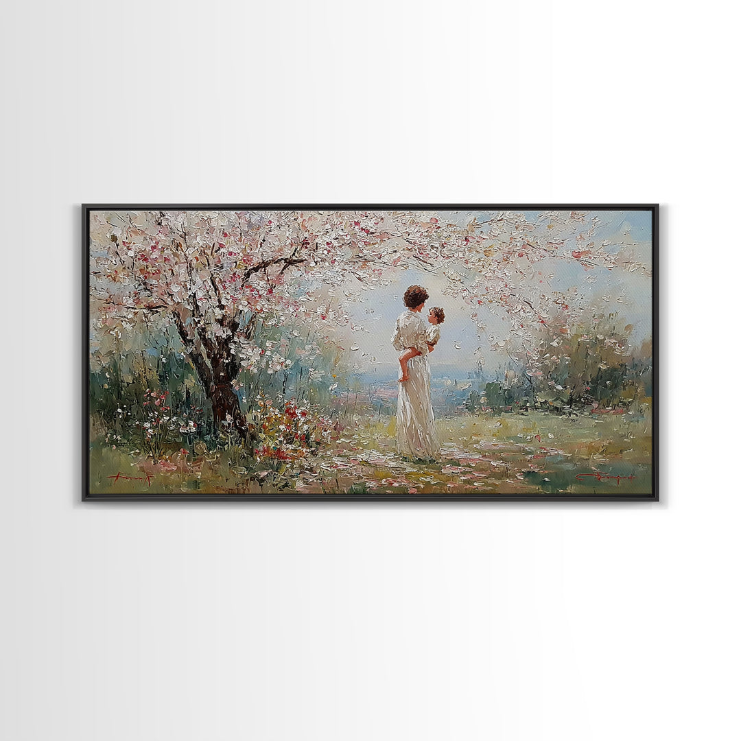 Mother And Baby Under Cherry Blossoms Wall Art, Spring Impressionist Landscape Canvas Print, Pink Floral Decor, Gift For Mom