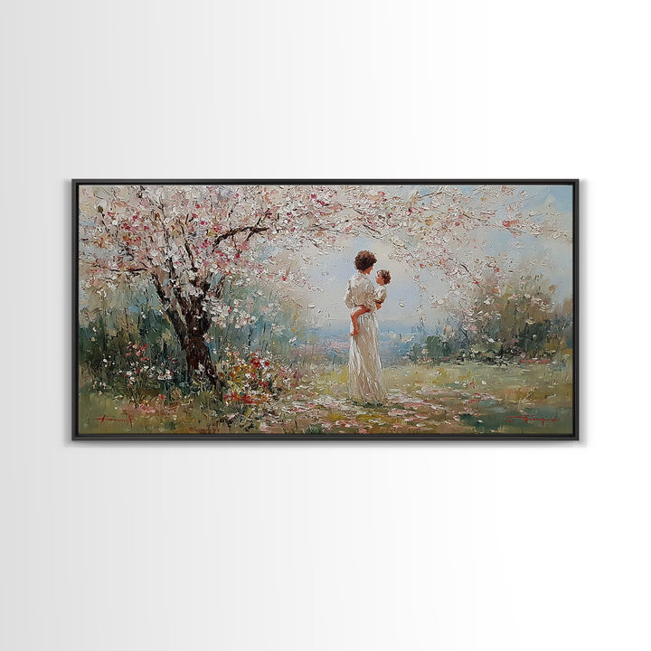 Mother And Baby Under Cherry Blossoms Wall Art, Spring Impressionist Landscape Canvas Print, Pink Floral Decor, Gift For Mom