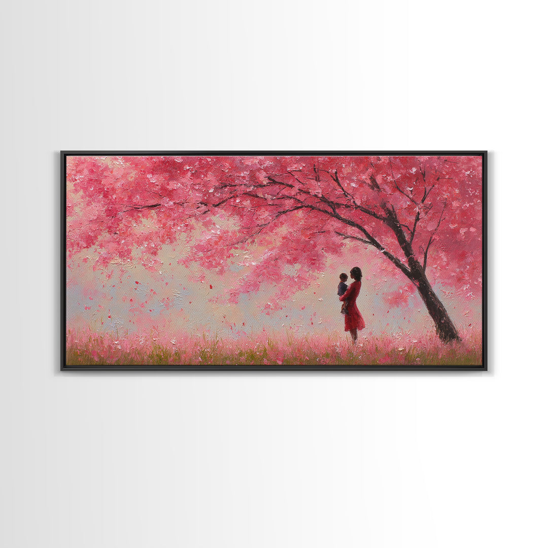 Mother And Baby Beneath Pink Cherry Tree Wall Art, Romantic Spring Landscape Canvas Print, Feminine Decor, Gift For Her, Home Decor