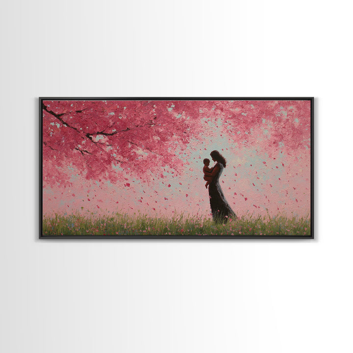 Mother And Child In Pink Blossom Rain Wall Art, Romantic Cherry Blossom Canvas Print, Feminine Bedroom Decor, Gift For Mom