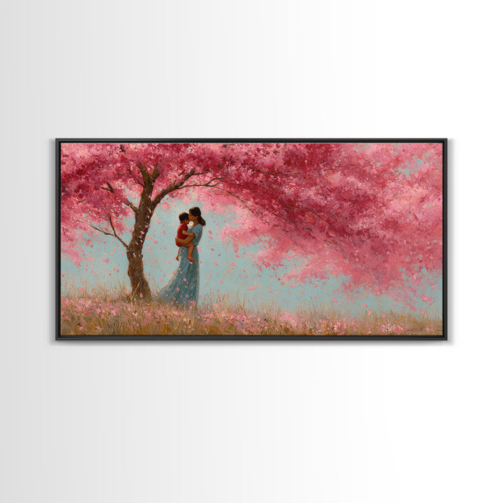 Black Mother And Baby Under Pink Blossoms Wall Art, Angelic Nursery Decor, Feminine Bedroom Print, Gift For Mom, Living Room Decor