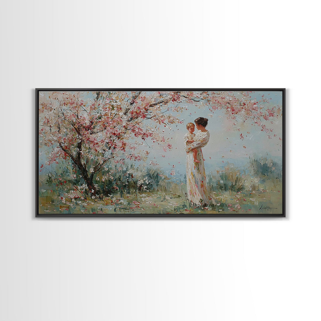 Impressionist Mother Holding Baby Framed Canvas Print, Cherry Blossom Nursery Wall Art, Spring Home Decor, Gift For Her, Mom