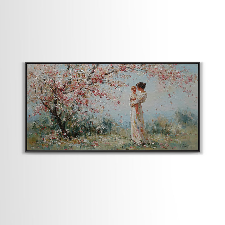 Impressionist Mother Holding Baby Framed Canvas Print, Cherry Blossom Nursery Wall Art, Spring Home Decor, Gift For Her, Mom
