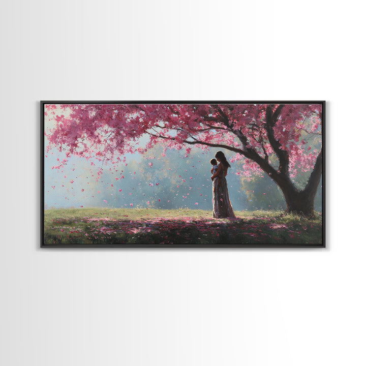 Mother And Child Beneath Pink Cherry Tree Canvas Print, Angelic Wall Art, Nursery Decor, Romantic Bedroom Art, Gift For Mom