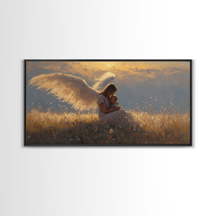 Golden Angel Mother Cuddling Baby Wall Art, Spiritual Canvas Print, Christian Nursery Decor, Calming Bedroom Art, Gift For Mom