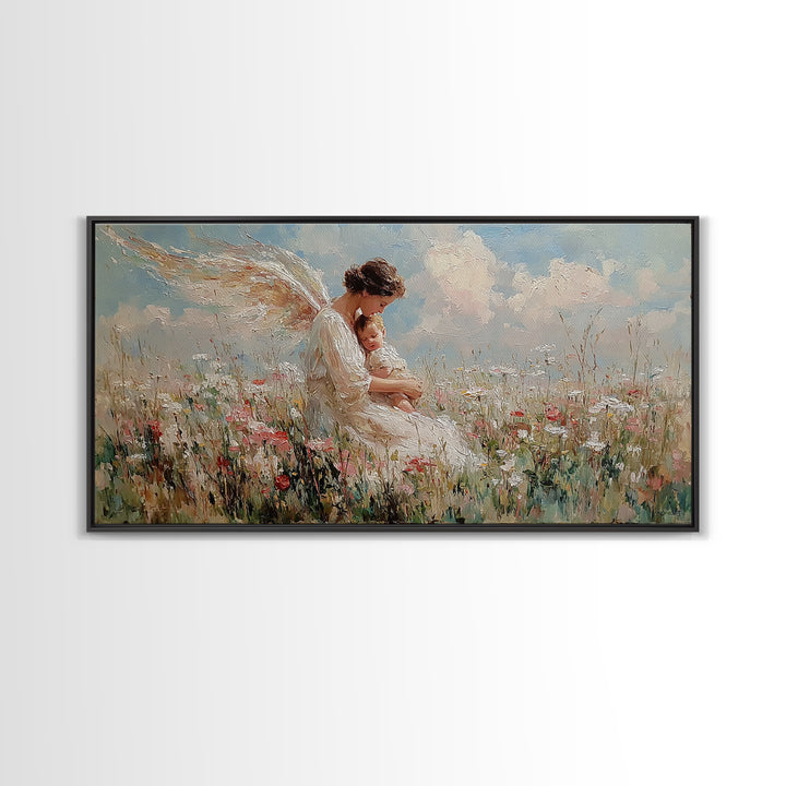 Angel Mother Nursing Baby In Wildflower Meadow Framed Canvas Print, Christian Wall Art, Nursery Decor, Gift For New Mom, Baby Shower Gift
