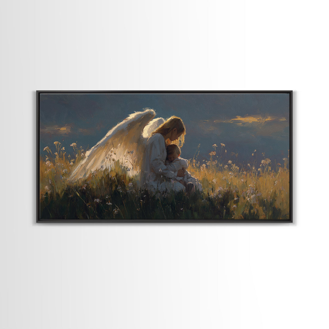 Moody Guardian Angel Holding Child Wall Art, Spiritual Framed Canvas Print, Christian Bedroom Decor, Sympathy Gift For Mom