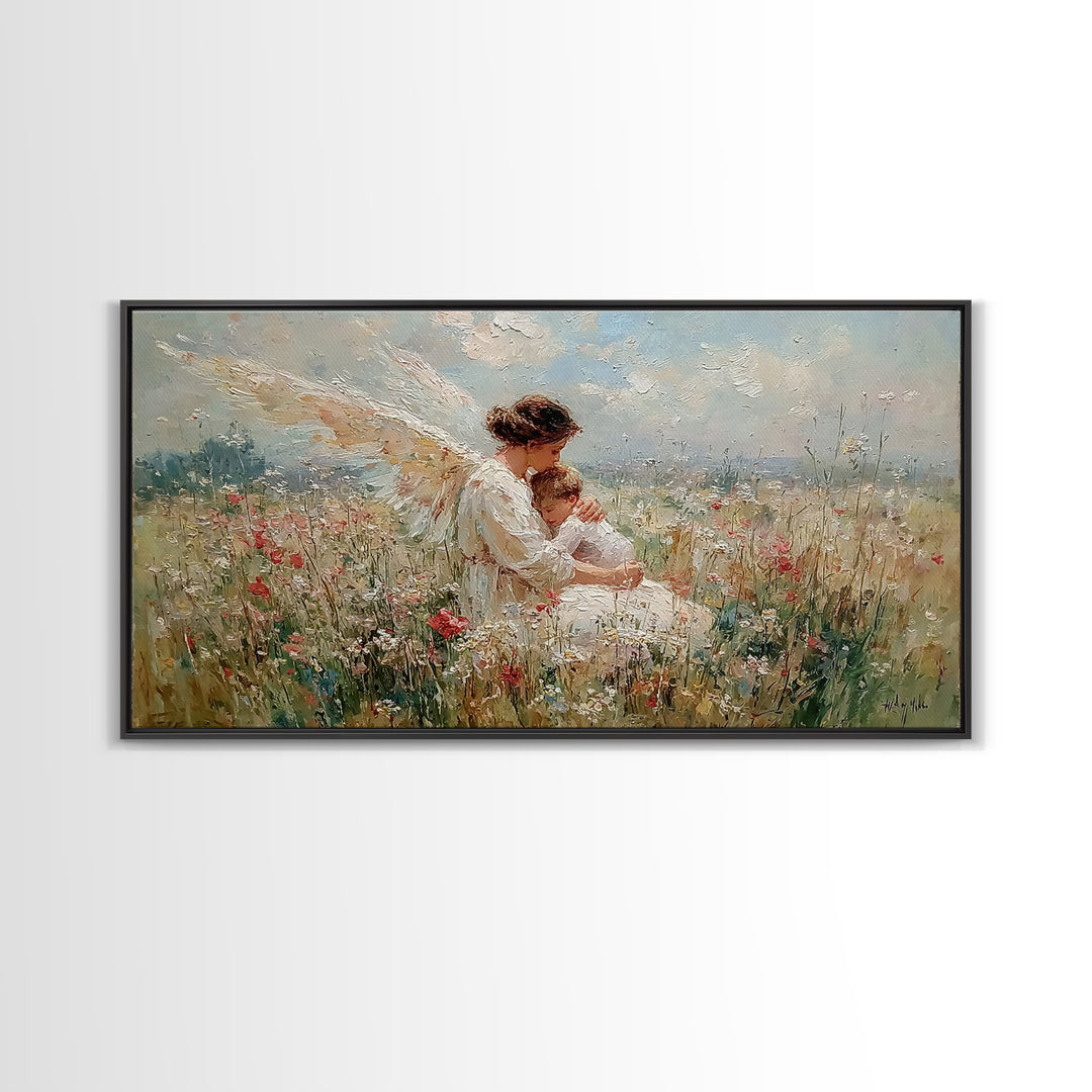 Angel Mother And Sleeping Baby In Meadow Canvas Print, Christian Wall Art, Wildflower Nursery Decor, Baby Shower Gift For New Mom