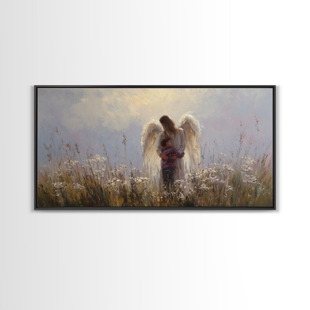 Guardian Angel Embracing Young Boy Wall Art, Christian Framed Canvas Print, Spiritual Nursery Decor, Sympathy Gift For Him