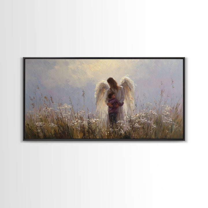 Guardian Angel Embracing Young Boy Wall Art, Christian Framed Canvas Print, Spiritual Nursery Decor, Sympathy Gift For Him