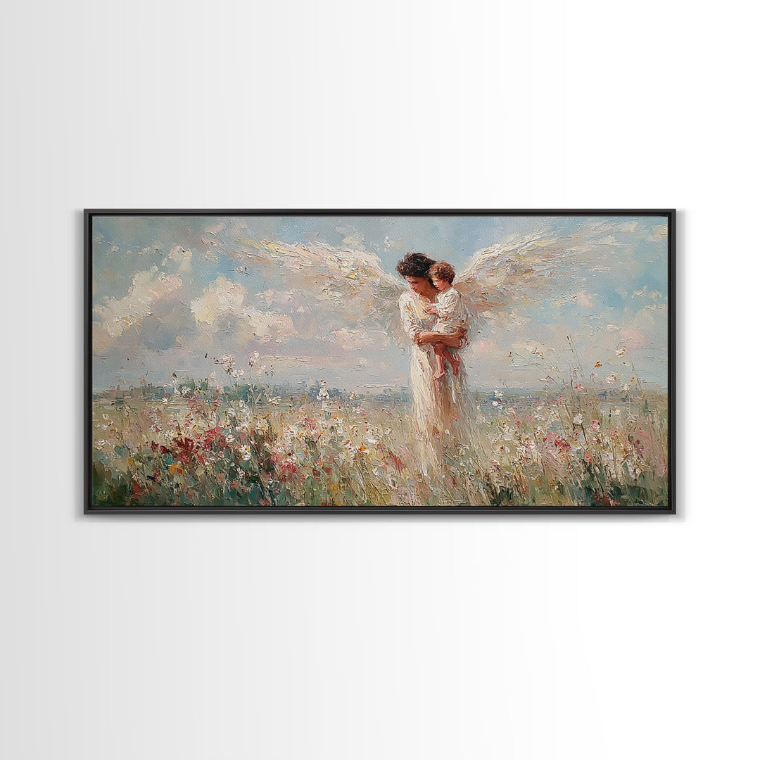 Angel Mother Holding Baby In Flower Meadow Canvas Print, Christian Wall Art, Heavenly Nursery Decor, Baby Shower Gift For New Mom
