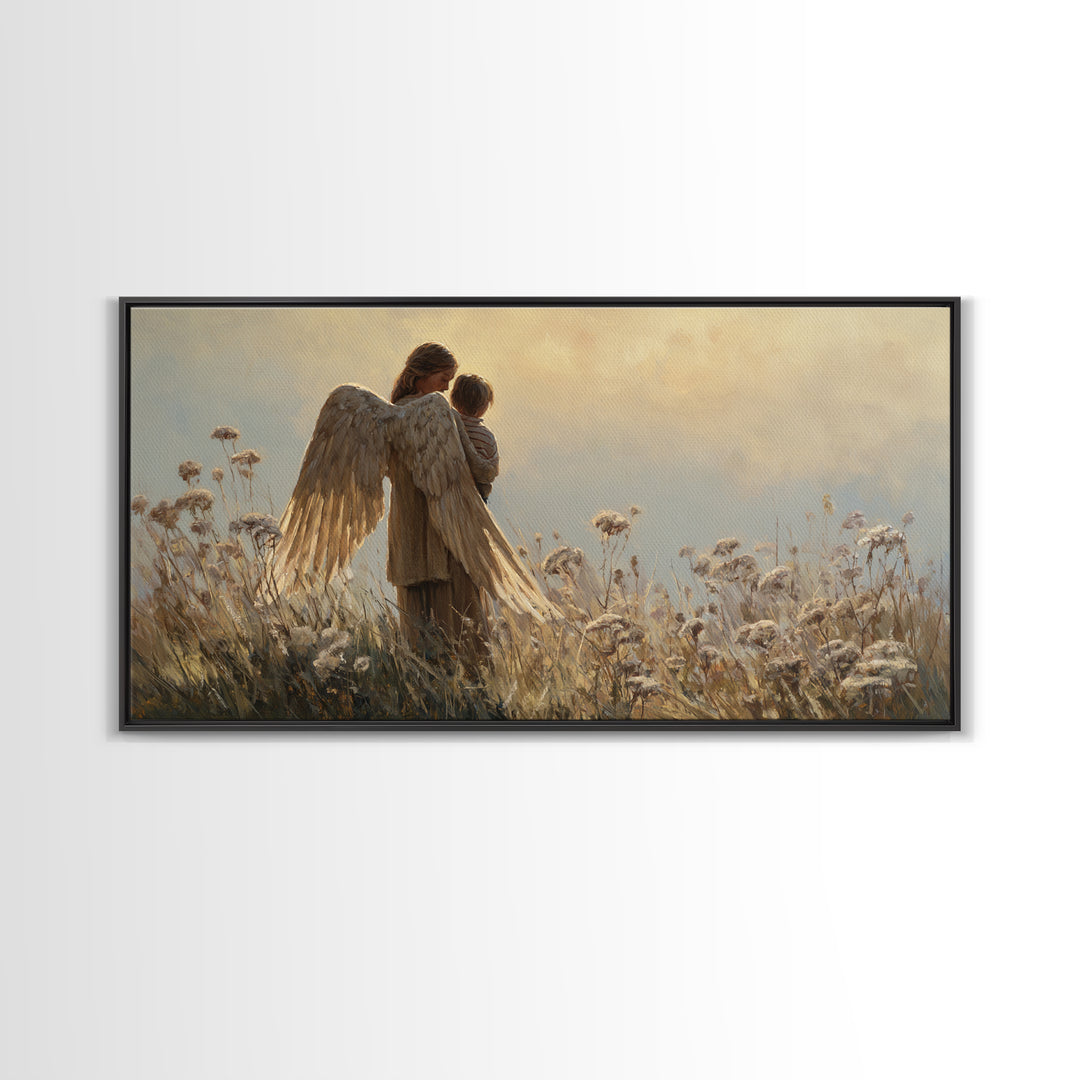 Guardian Angel And Child In Golden Meadow Framed Canvas Print, Christian Wall Art, Nursery Decor, Housewarming Gift, Above Bed Art