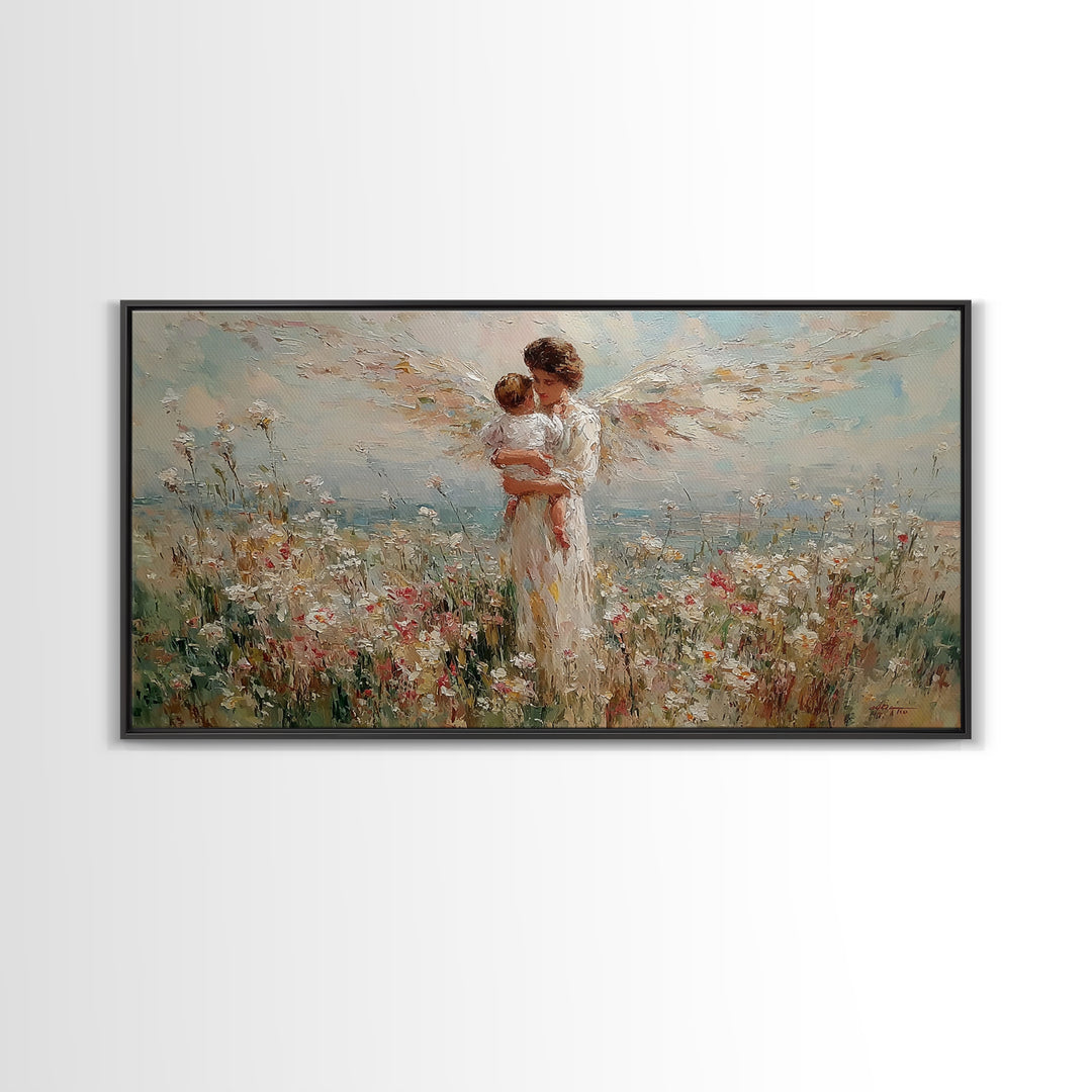Angel Mother Holding Baby In Wildflower Meadow Canvas Print, Christian Wall Art, Floral Wall Art, Nursery Decor, Gift For Her