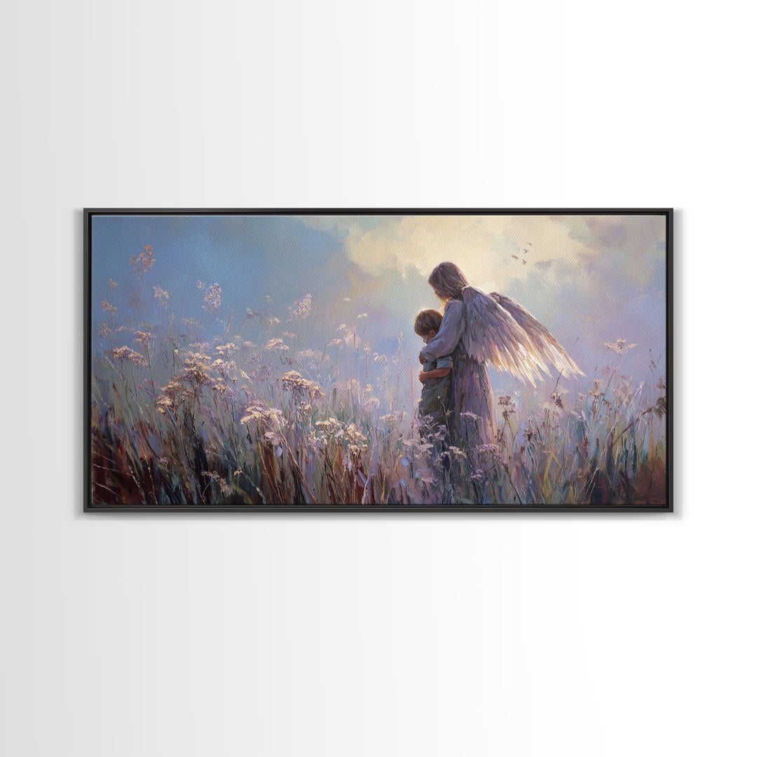 Luminous Guardian Angel With Child In Blue Meadow Canvas Print, Christian Wall Art, Nursery Wall Art, Calming Bedroom Decor