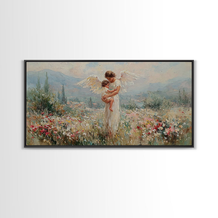 Angel And Baby In Mountain Wildflower Valley Framed Canvas Print, Christian Wall Art, Floral Wall Art, Living Room Decor