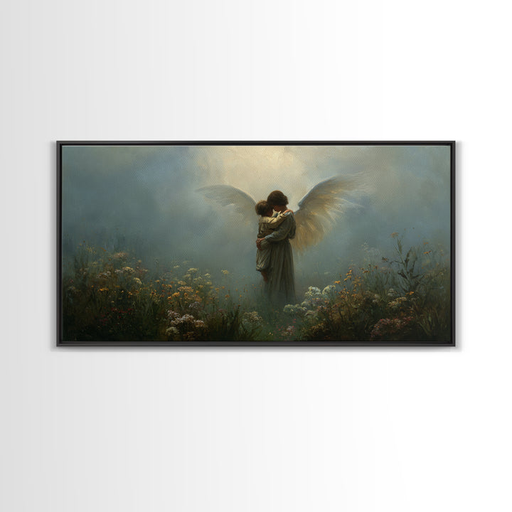 Moody Guardian Angel Embracing Child In Misty Garden Wall Art, Christian Wall Decor, Dark Academia, Housewarming Gift, Bedroom Wall Decor