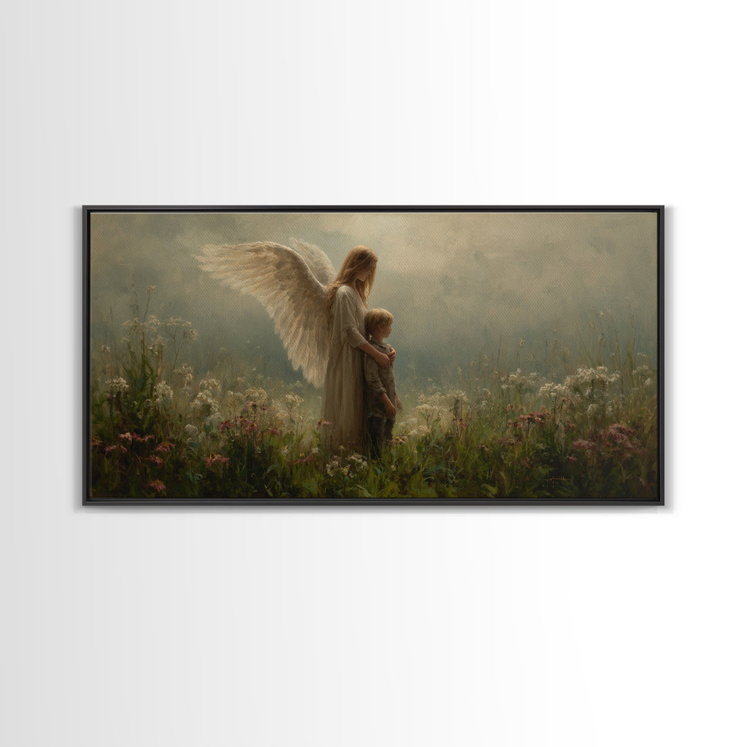 Soft Winged Angel And Child In Misty Meadow Canvas Print, Christian Wall Art, Neutral Wall Art, Nursery Decor, Gift For Mom
