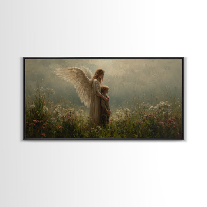Soft Winged Angel And Child In Misty Meadow Canvas Print, Christian Wall Art, Neutral Wall Art, Nursery Decor, Gift For Mom