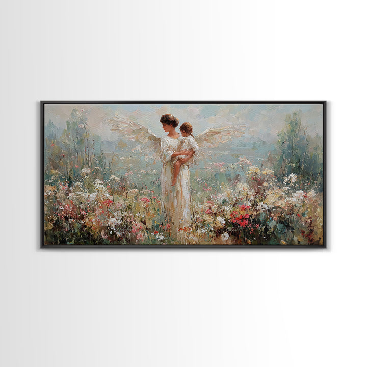 Angel Mother Holding Baby In Blooming Garden Framed Canvas Print, Christian Wall Art, Floral Wall Art, Nursery Decor, Gift For Her