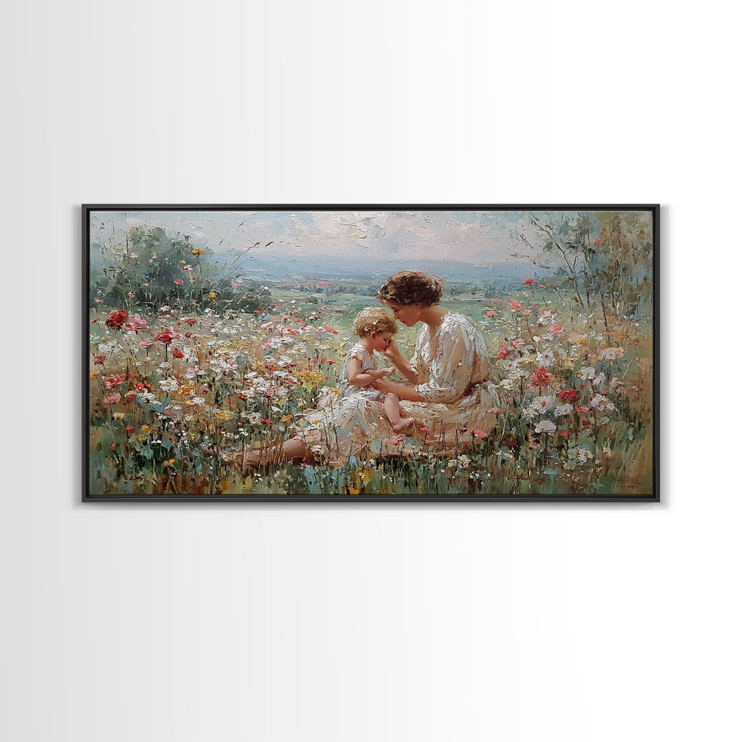 Mother And Baby In Flower Meadow Impressionist Canvas Print, Floral Wall Art, Christian Wall Art, Living Room Decor, Gift For Mom