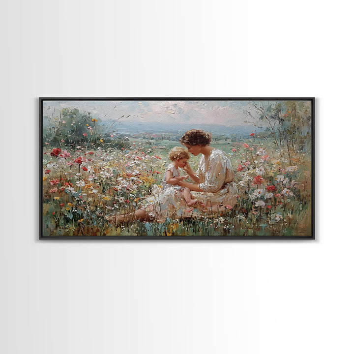 Mother And Baby In Flower Meadow Impressionist Canvas Print, Floral Wall Art, Christian Wall Art, Living Room Decor, Gift For Mom