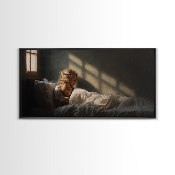Children Sleeping With Teddy In Sunlit Bedroom Wall Art, Cozy Bedroom Decor, Dark Academia, Nursery Art, Housewarming Gift