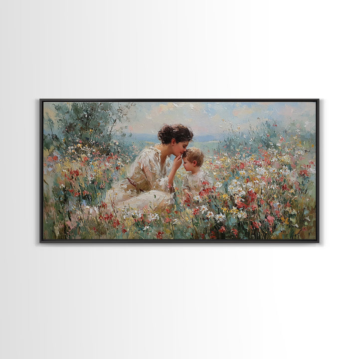 Mother And Child In Wildflower Garden Framed Canvas Print, Floral Wall Art, Christian Wall Art, Living Room Decor, Gift For Her