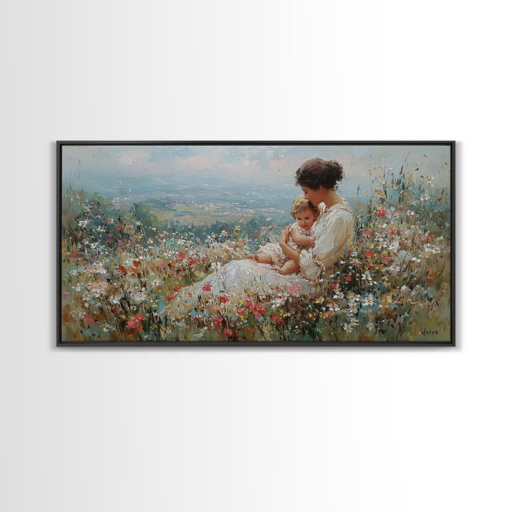 Mother Holding Baby In Wildflower Meadow Canvas Print, Impressionist Floral Landscape, Nursery Wall Art, Housewarming Gift