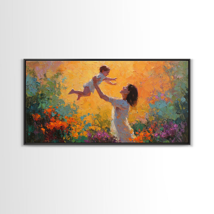 Mother Lifting Child In Glowing Sunset Garden Canvas Print, Colorful Impressionist Painting, Joyful Family Wall Art, Gift For Mom
