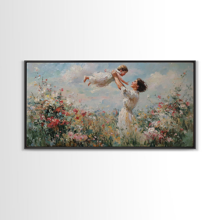Mother Lifting Daughter Above Wildflower Garden Framed Canvas Print, Impressionist Floral Wall Art, Nursery Decor, Gift For Her