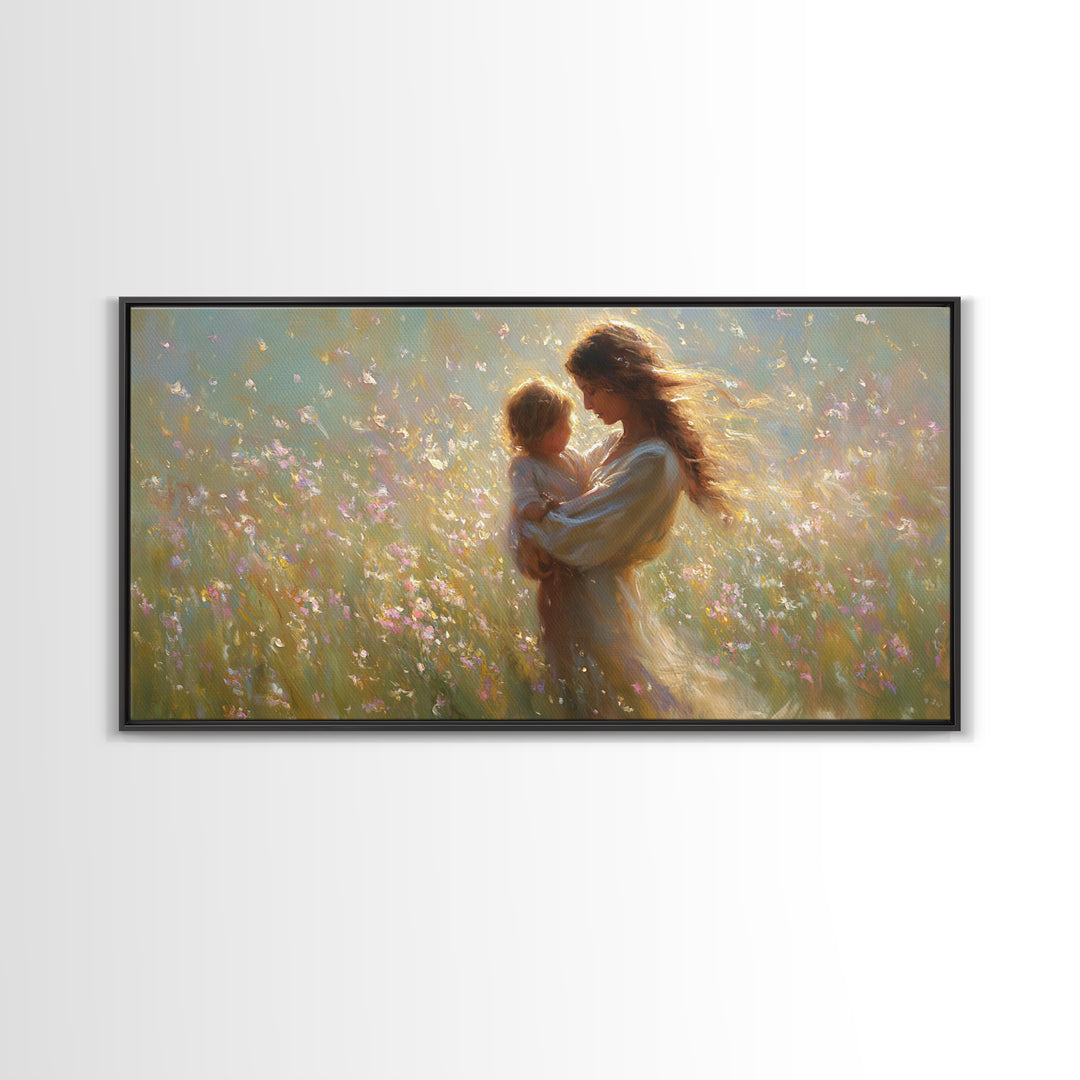 Sunlit Mother And Child In Wildflower Meadow Wall Art, Impressionist Meadow Canvas, Feminine Bedroom Decor, Gift For Mom