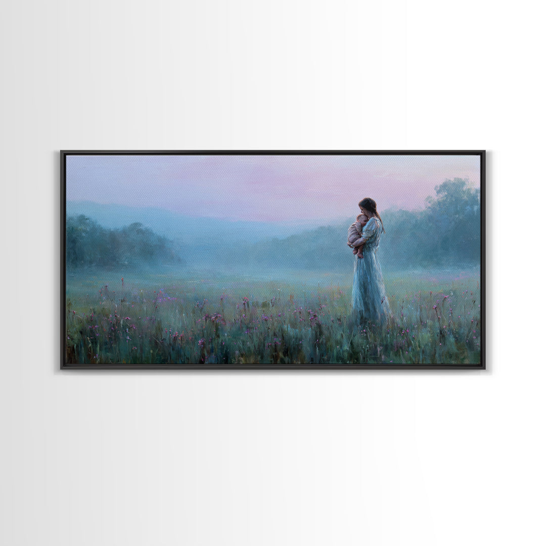 Misty Mother And Baby Meadow Wall Art, Moody Blue Landscape Canvas Print, Calming Bedroom Nursery Decor, Gift For Mom And Her