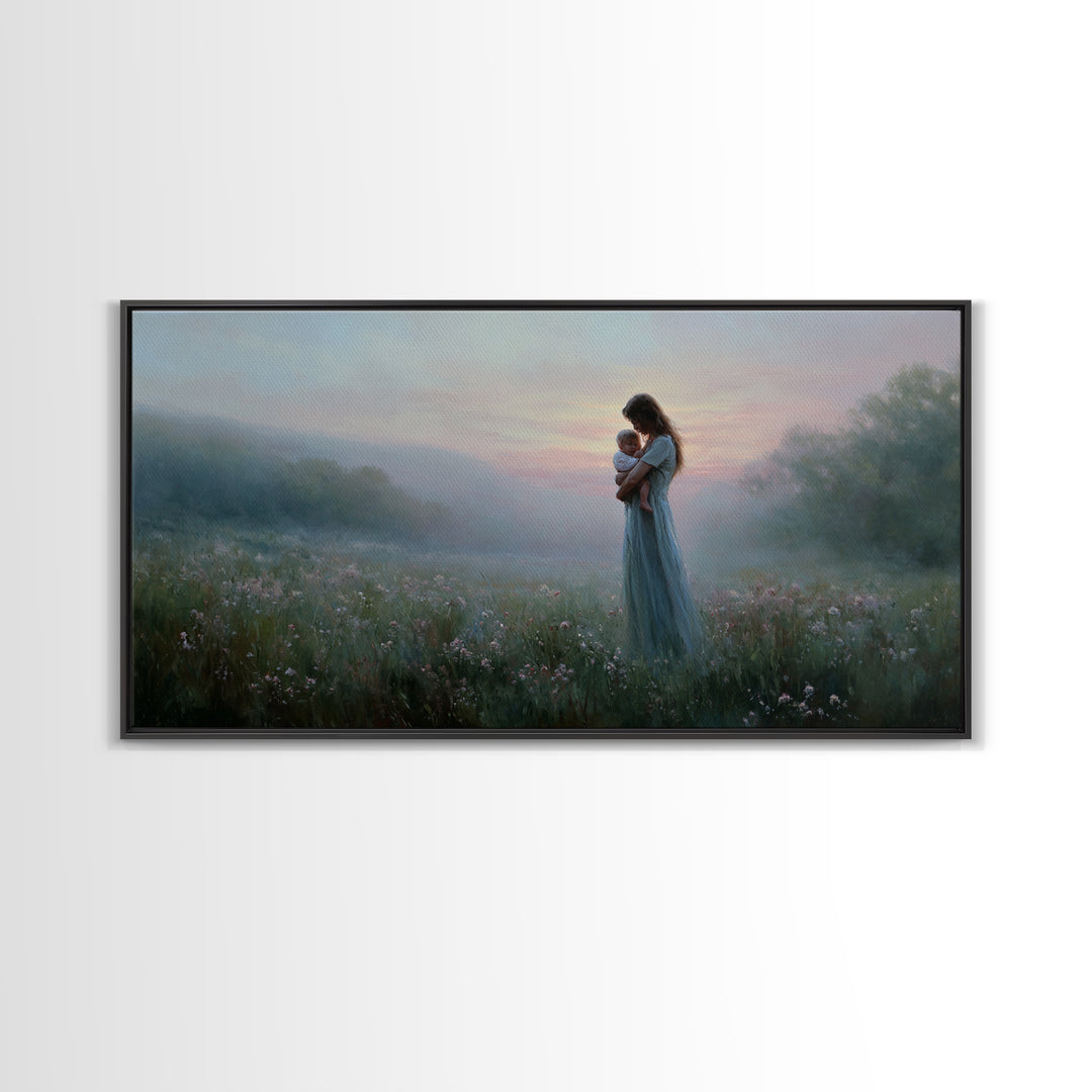 Misty Mother And Baby Meadow Wall Art, Impressionist Wildflower Landscape Print, Serene Nursery Decor, Gift For Mom, Home Decor
