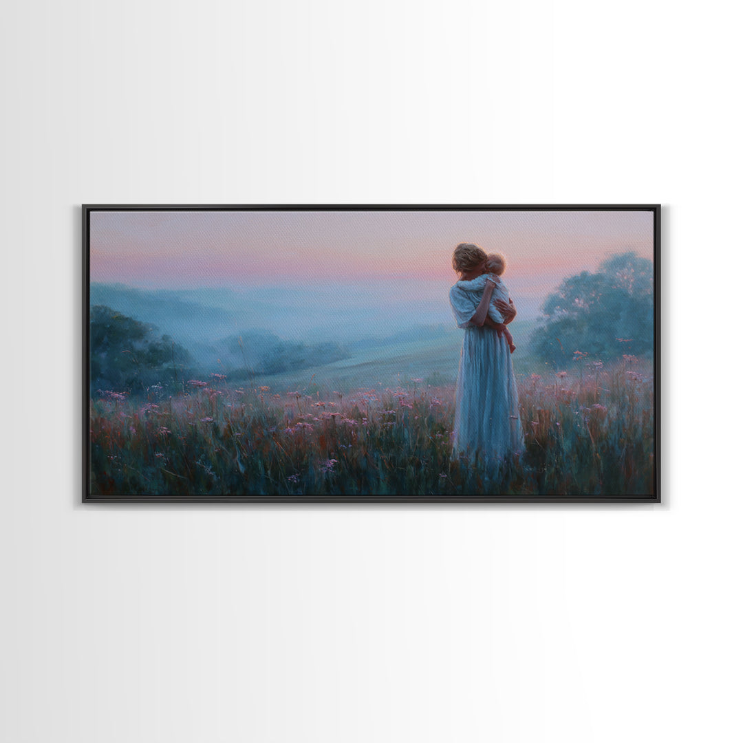 Mother Holding Baby At Pink Dusk Canvas Print, Misty Wildflower Meadow Wall Art, Nursery Decor, Gift For Mom, Serene Bedroom Decor