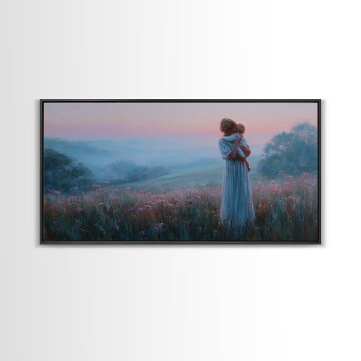 Mother Holding Baby At Pink Dusk Canvas Print, Misty Wildflower Meadow Wall Art, Nursery Decor, Gift For Mom, Serene Bedroom Decor