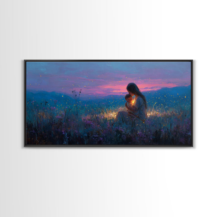 Moonlit Mother And Baby Firefly Wall Art, Celestial Wildflower Meadow Canvas Print, Magical Nursery Decor, Gift For Mom, Home Decor
