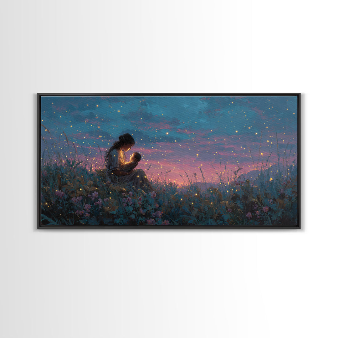 Starlit Mother Nursing Baby Meadow Wall Art, Firefly Night Landscape Canvas Print, Celestial Nursery Decor, Gift For Mom