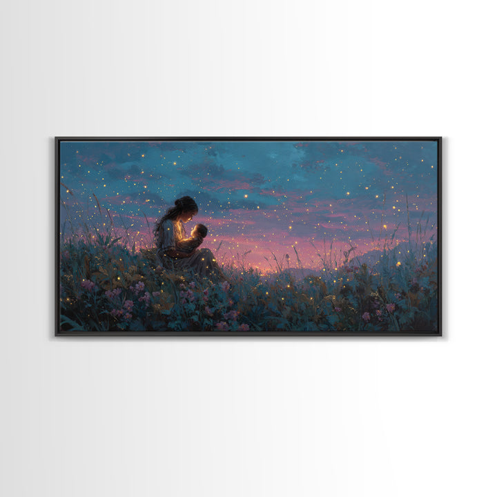 Starlit Mother Nursing Baby Meadow Wall Art, Firefly Night Landscape Canvas Print, Celestial Nursery Decor, Gift For Mom