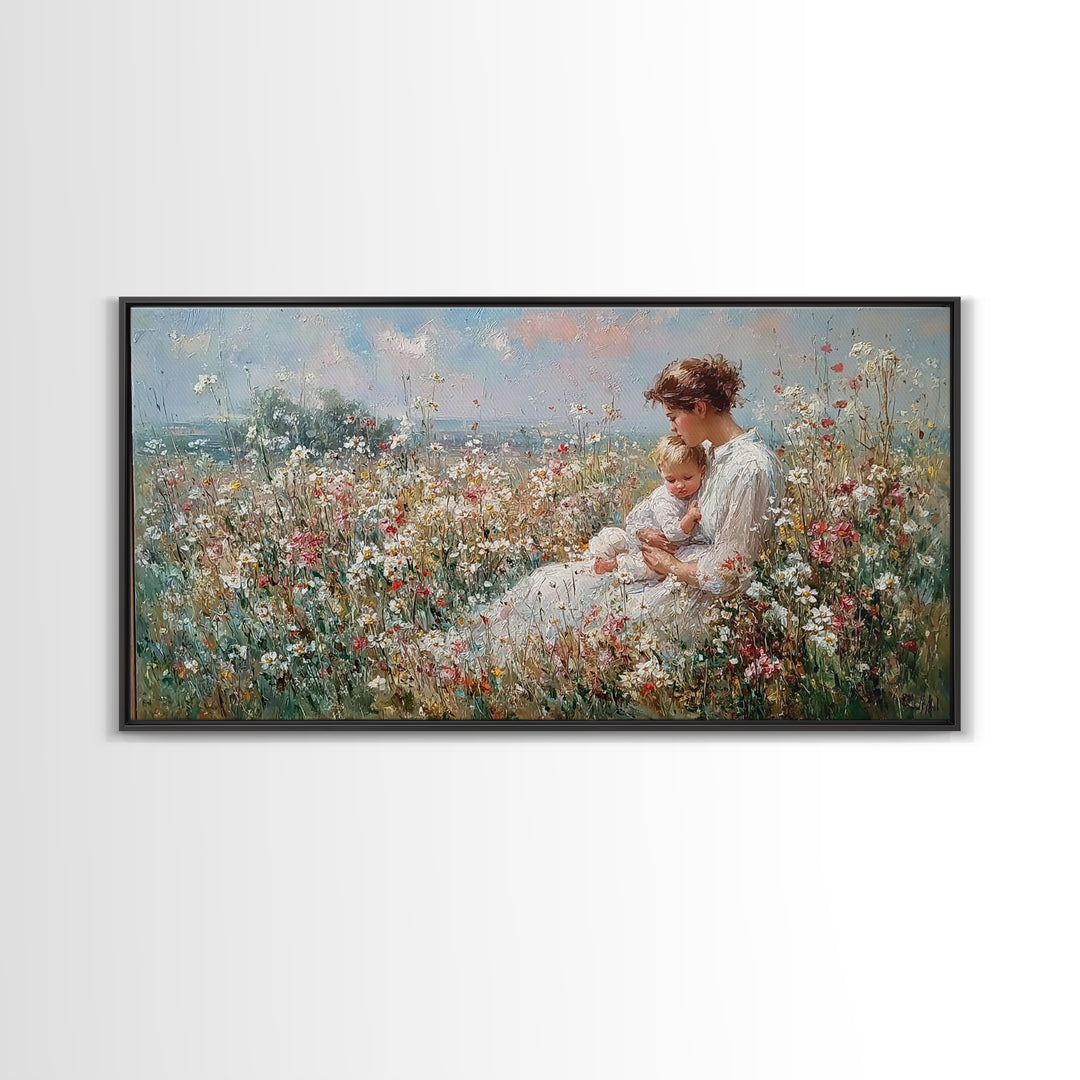 Mother And Baby In Coastal Wildflower Meadow Wall Art, Impressionist Framed Canvas Print, Nursery Decor, Gift For Mom, Home Decor