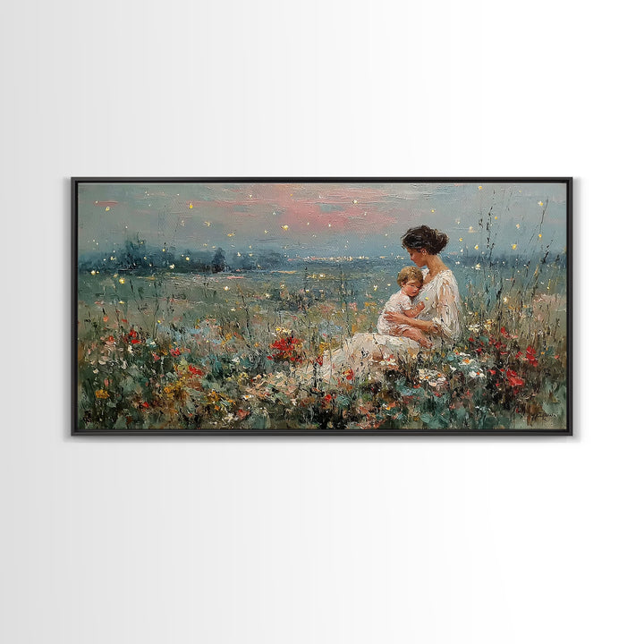 Golden Firefly Mother And Baby Meadow Canvas Print, Serene Lakeside Wall Art, Impressionist Nursery Decor, Gift For Mom, Home Decor