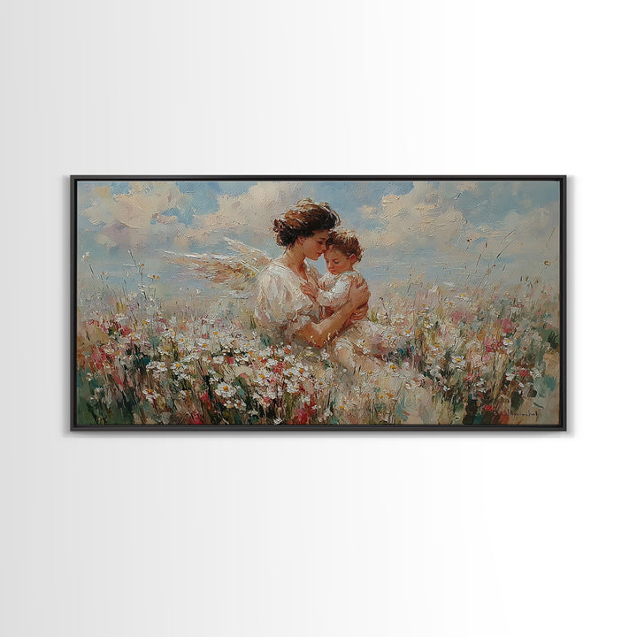 Mother Embracing Child In Daisy Meadow Framed Canvas Print, Impressionist Floral Wall Art, Nursery Decor, Gift For Mom, Home Decor