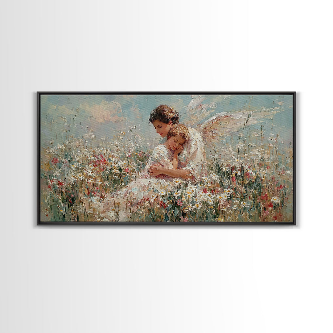 Guardian Angel And Child In Wildflower Meadow Framed Canvas Print, Christian Nursery Wall Art, Motherhood Gift Home Decor