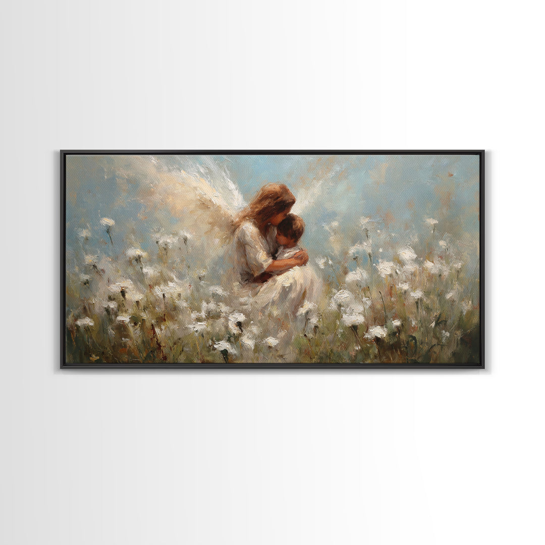 Tender Angel Holding Baby In White Wildflower Meadow Canvas Print, Christian Wall Art, Nursery Home Decor, Motherhood Gift