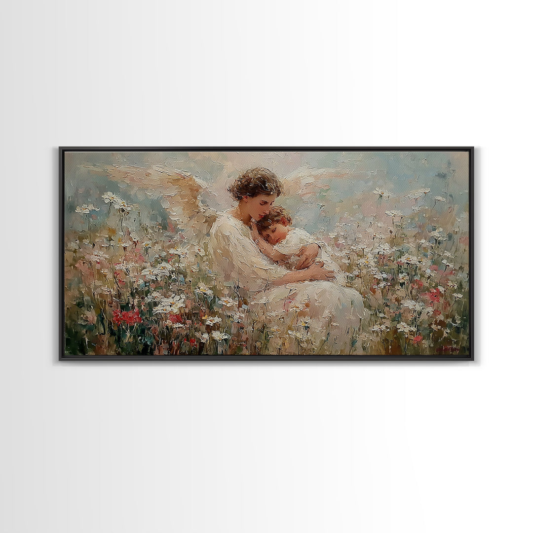 Seated Guardian Angel Cradling Sleeping Baby In Floral Meadow Wall Art, Christian Nursery Decor, Motherhood Gift For Her