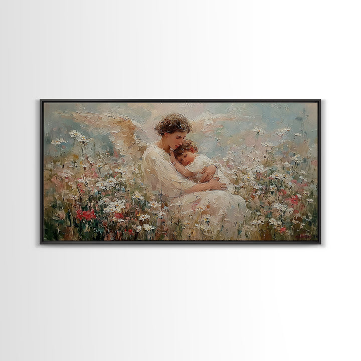 Seated Guardian Angel Cradling Sleeping Baby In Floral Meadow Wall Art, Christian Nursery Decor, Motherhood Gift For Her