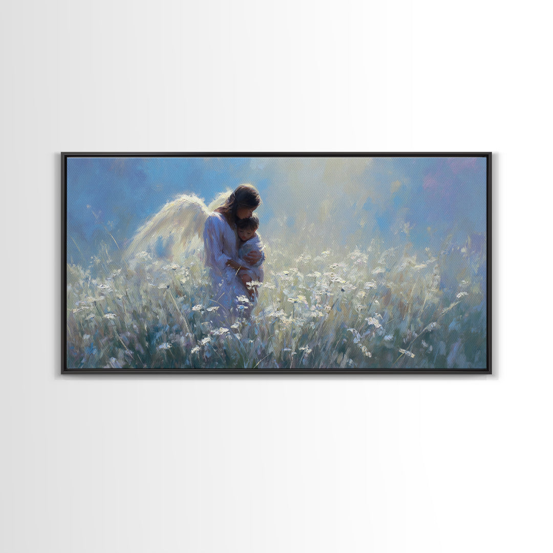 Angel Mother Holding Child In Moonlit White Meadow Framed Canvas Print, Christian Wall Art, Calming Nursery Home Decor Gift