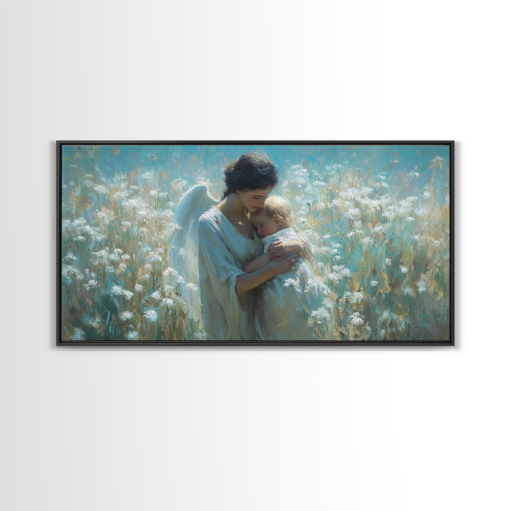 Serene Angel Cradling Blonde Baby In Blue Wildflower Field Framed Canvas Print, Christian Wall Art, Nursery Home Decor Gift