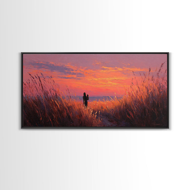 Mother And Child Sunset Grasslands Canvas Print, Romantic Landscape Wall Art, Warm Coastal Decor, Nursery, New Home Gift For Her