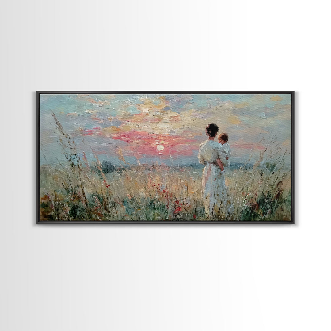 Mother And Child Sunset Seascape Canvas Print, Impressionist Coastal Wall Art, Romantic Bedroom Decor, Nursery Gift For Her