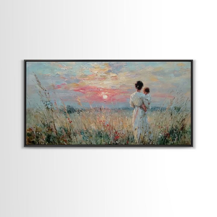 Mother And Child Sunset Seascape Canvas Print, Impressionist Coastal Wall Art, Romantic Bedroom Decor, Nursery Gift For Her